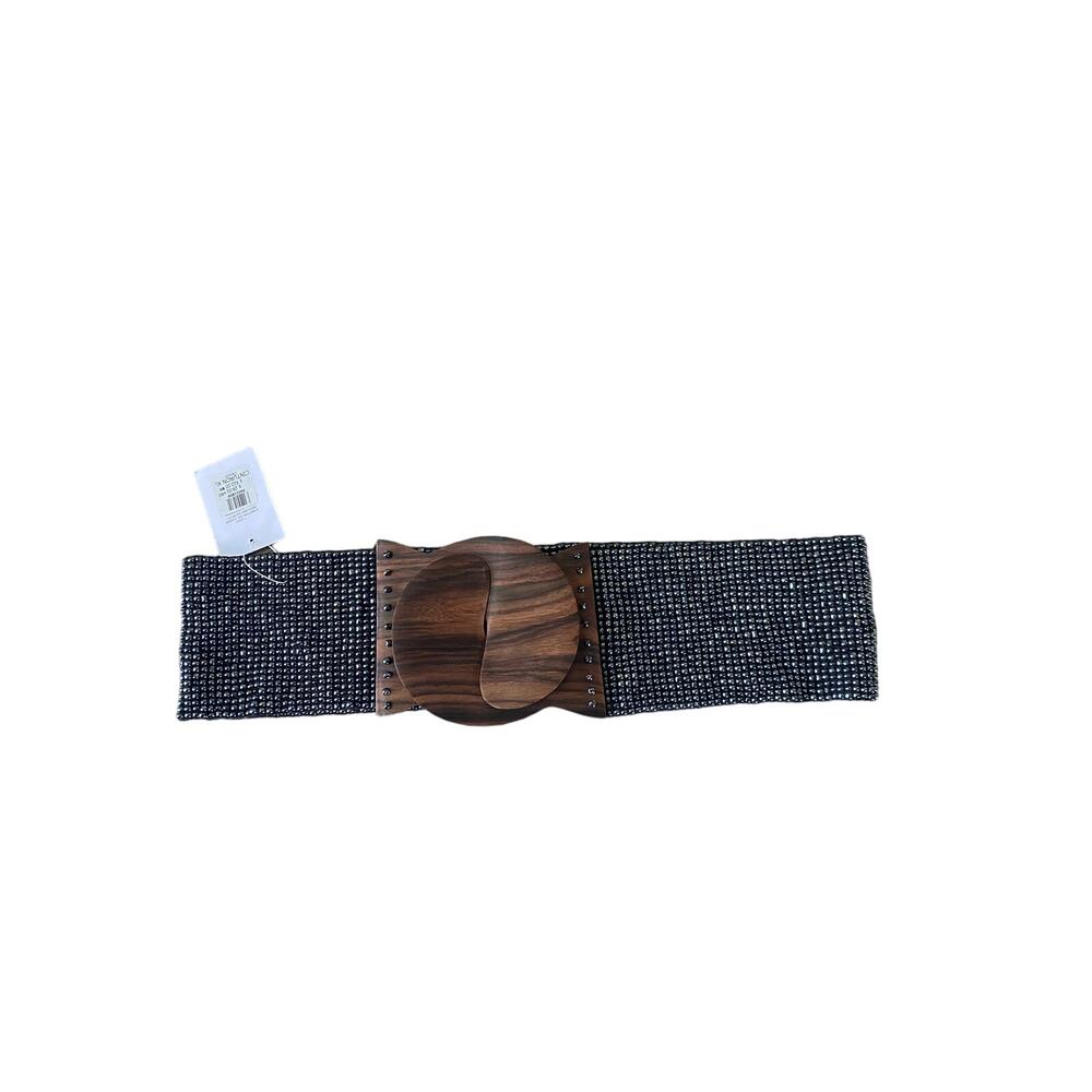 Women’s Silver Beaded Stretch Comfort 2 Piece Wooden Brown Buckle Belt XL